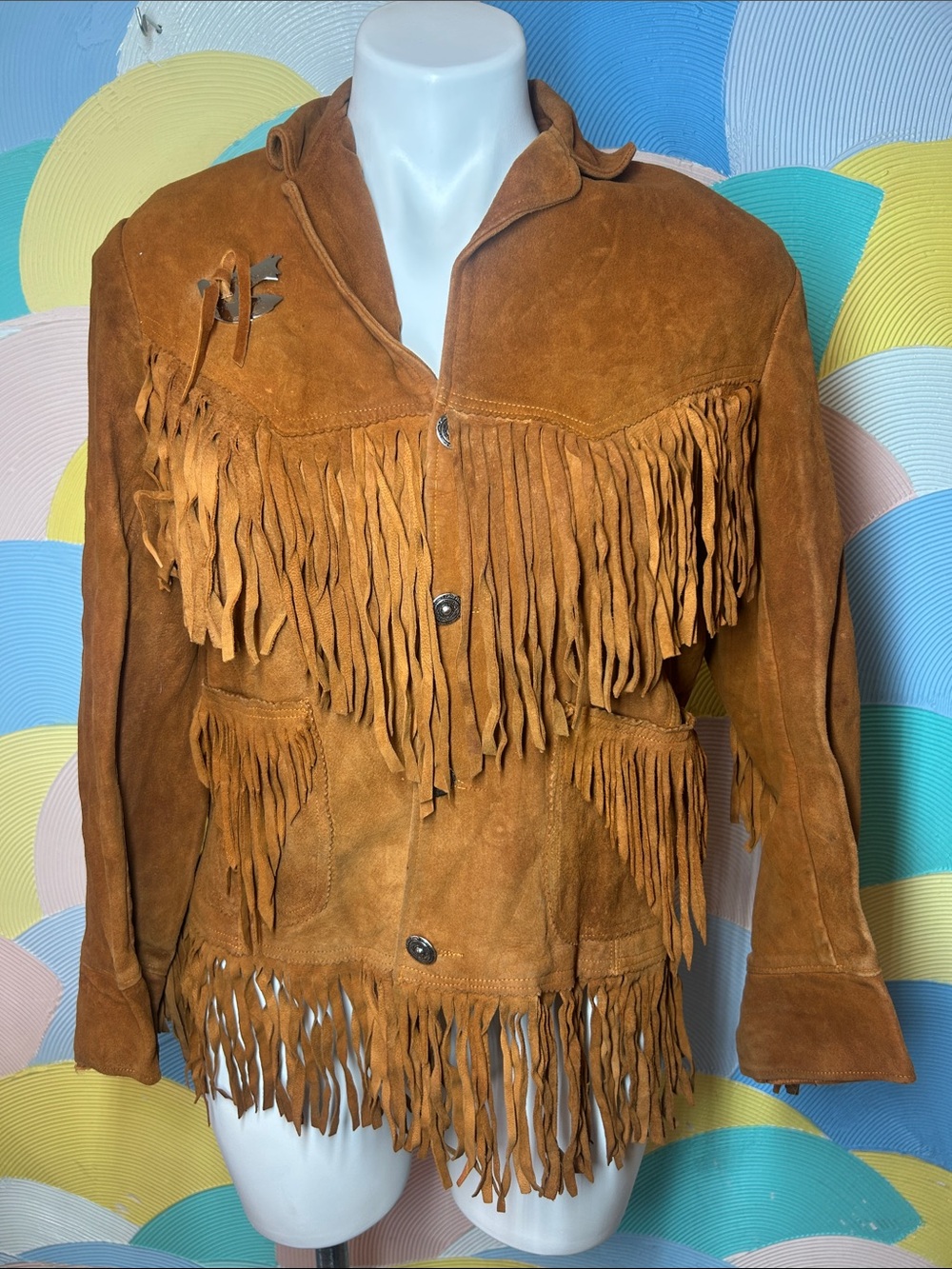 vazquez Fringe Suede Western Jacket Brown shoulder pads genuine vintage 70s
